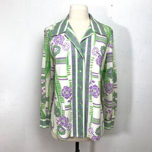 Vintage 70s Pykettes Blouse Large Green Purple Floral Boho Peasant Fairy Retro